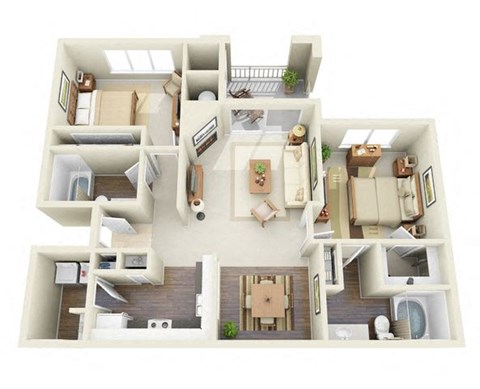 Floor plan for 2 beds, 2 baths, 1033 sqft